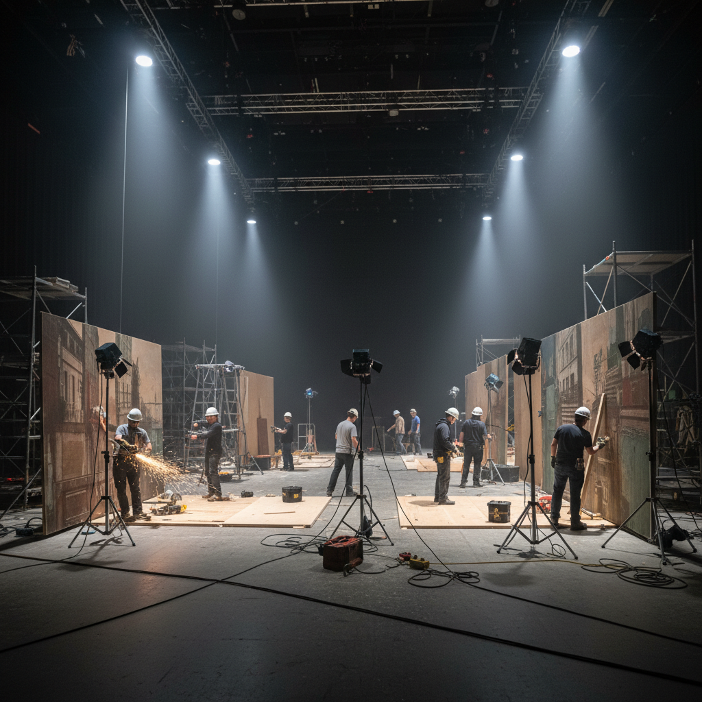 Set construction crew working under bright work lights assembling large scenic flats on a soundstage floor