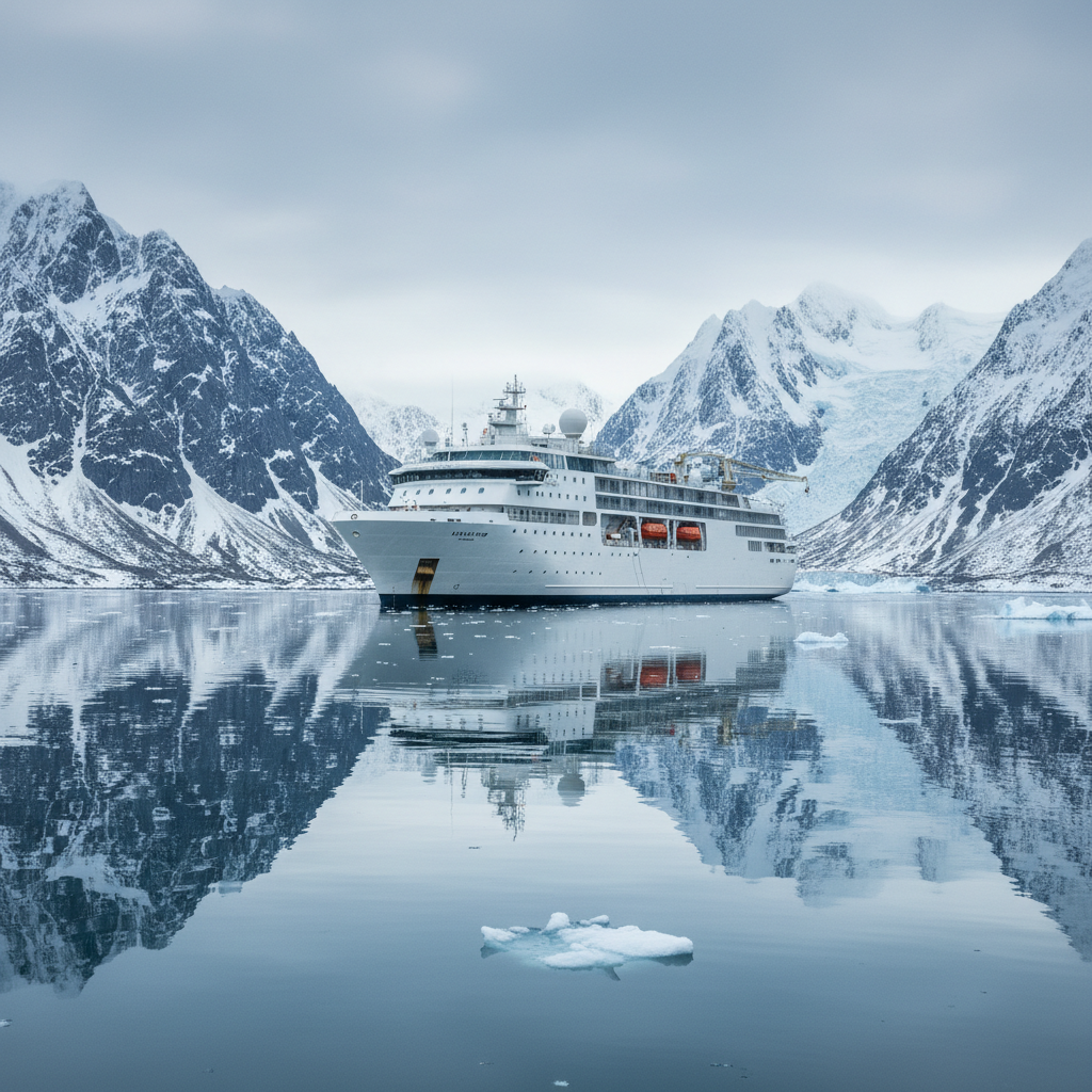Luxury expedition vessel on calm Arctic waters, surrounded by towering glaciers, early morning mist