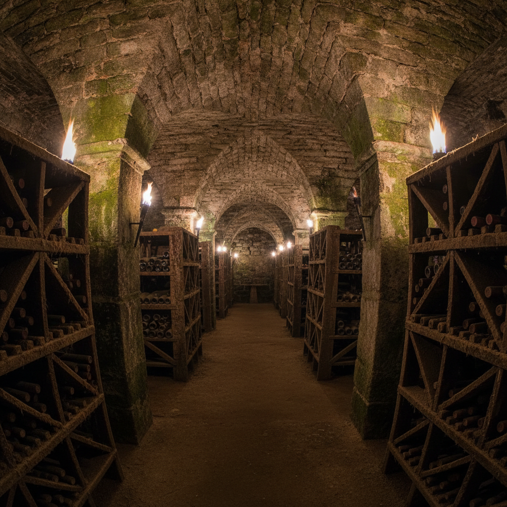 Stone vaulted wine cellar with rows of oak barriques, candlelight, deep shadows, historic architecture
