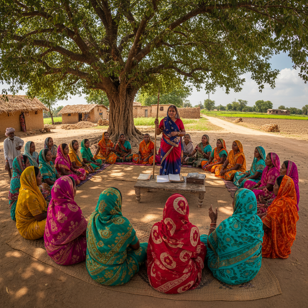Village women in colorful saris attending panchayat session