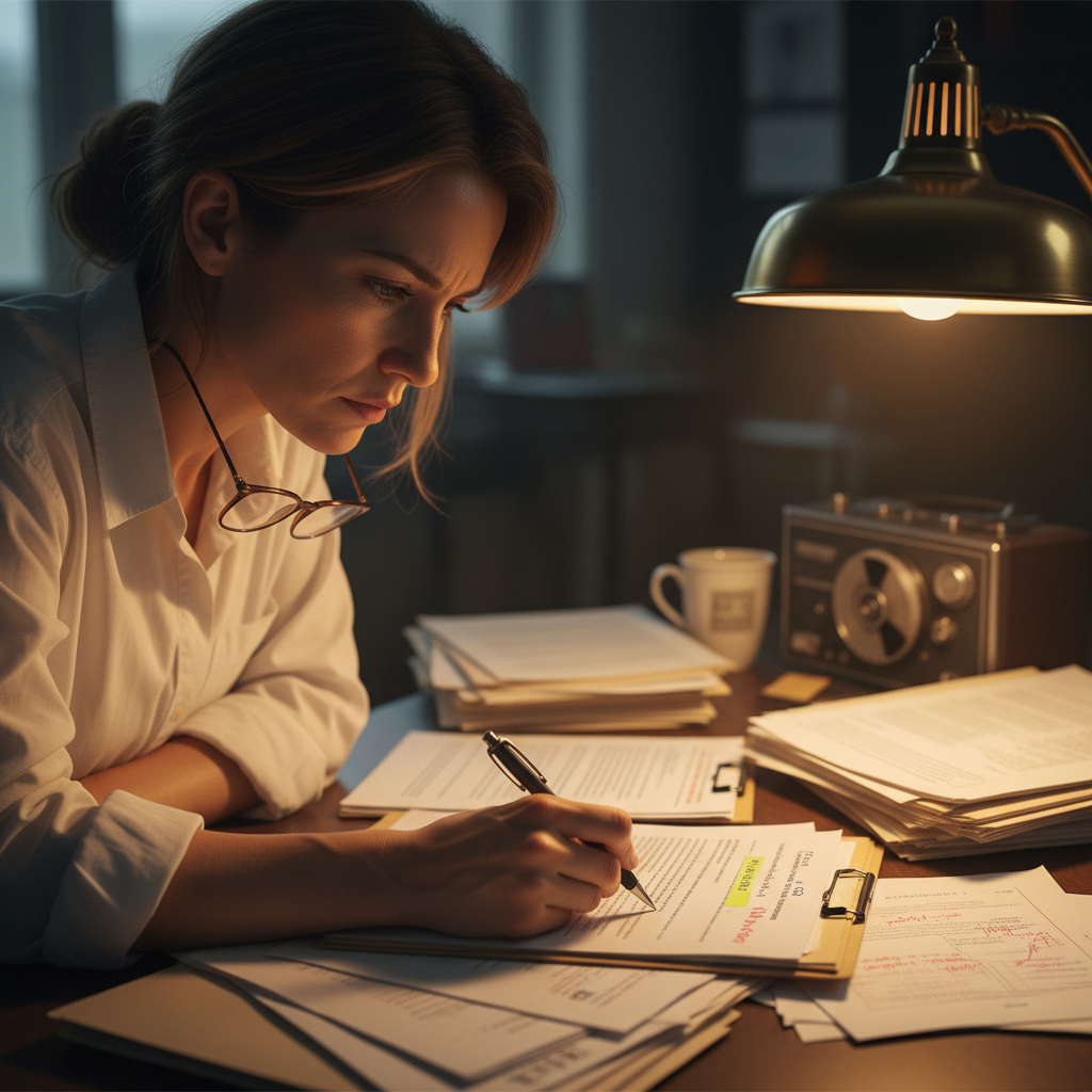 Investigative journalist reviewing documents under lamp light in a foreign correspondents club