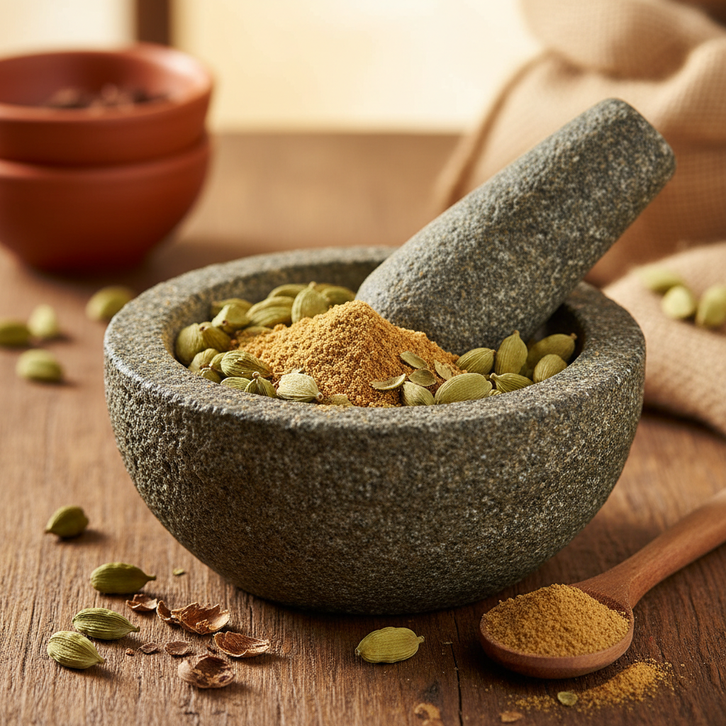 Green cardamom pods and ground cardamom in a stone mortar, warm spice tones
