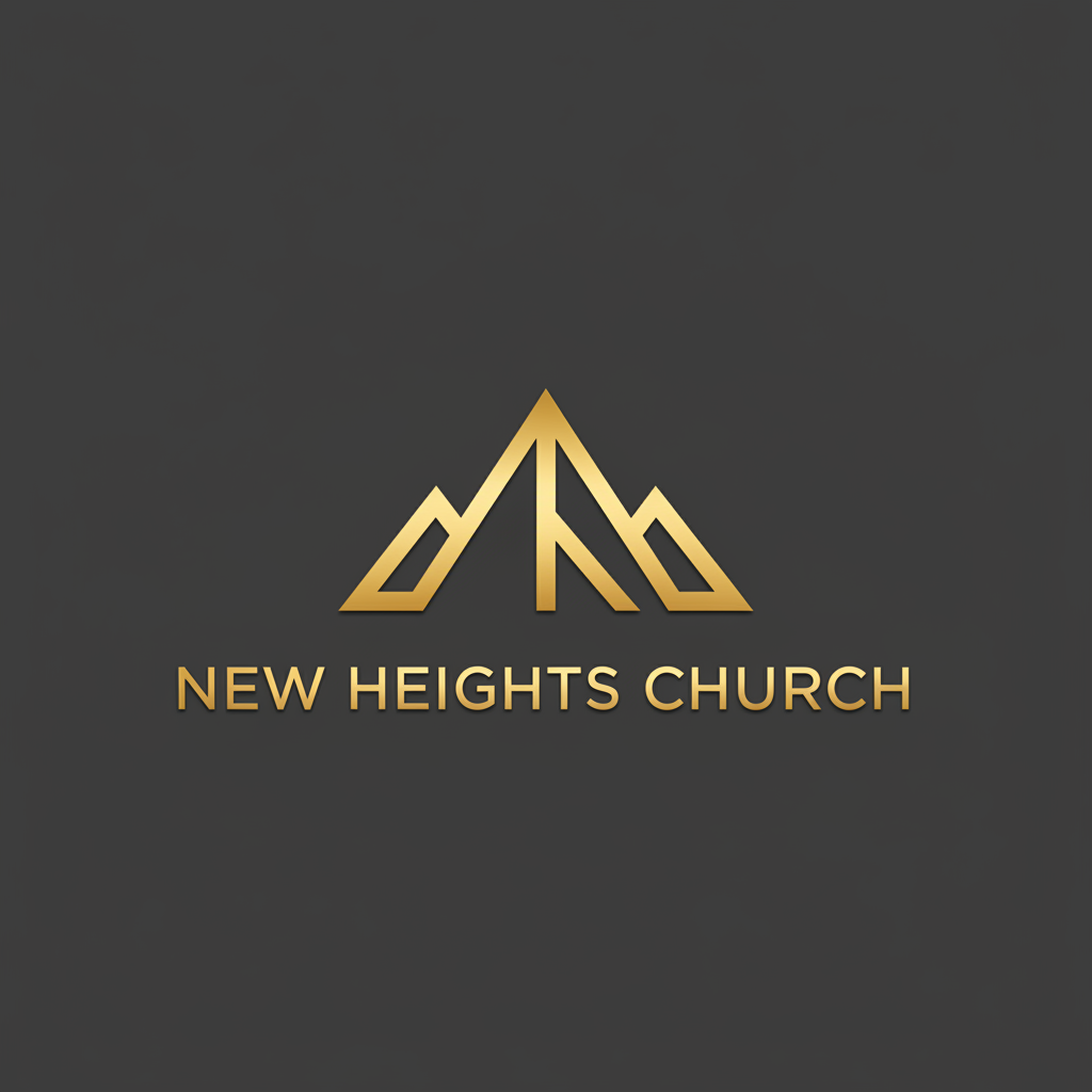 New Heights Church logo system displayed on dark background, geometric cross-mountain mark in gold, clean professional brand identity design