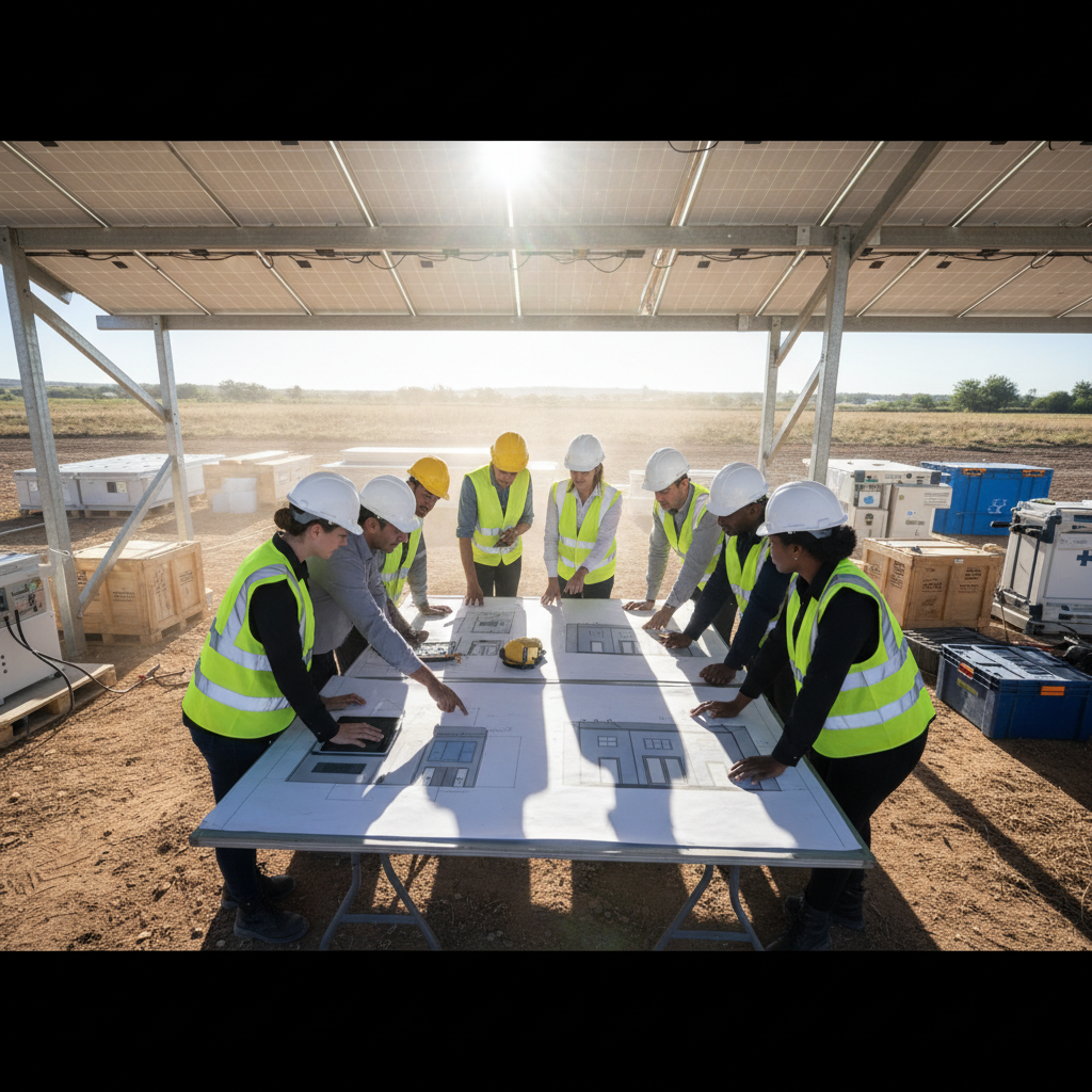 Partnership team members collaborating on solar healthcare infrastructure project