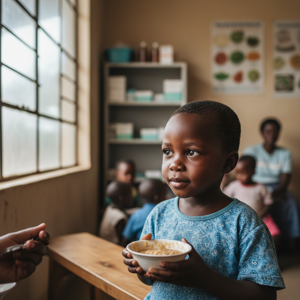 African child receiving food from humanitarian worker, warm sunlight, hopeful expression, outdoor community setting