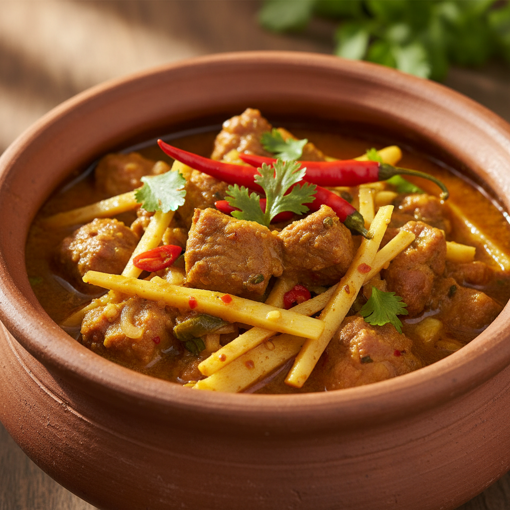 Traditional bamboo shoot curry with pork in clay earthen pot
