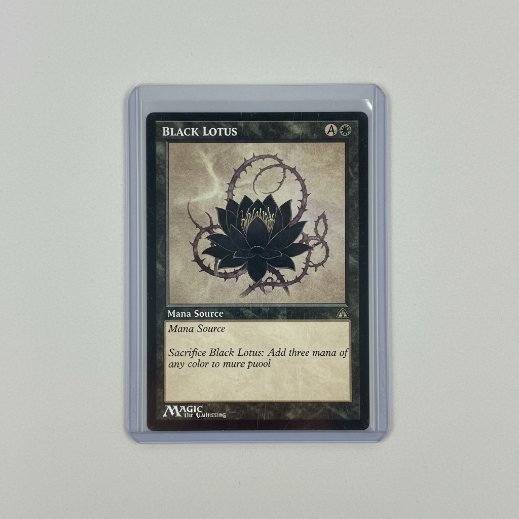 Rare vintage Magic the Gathering Black Lotus card under dramatic spotlight, dark background