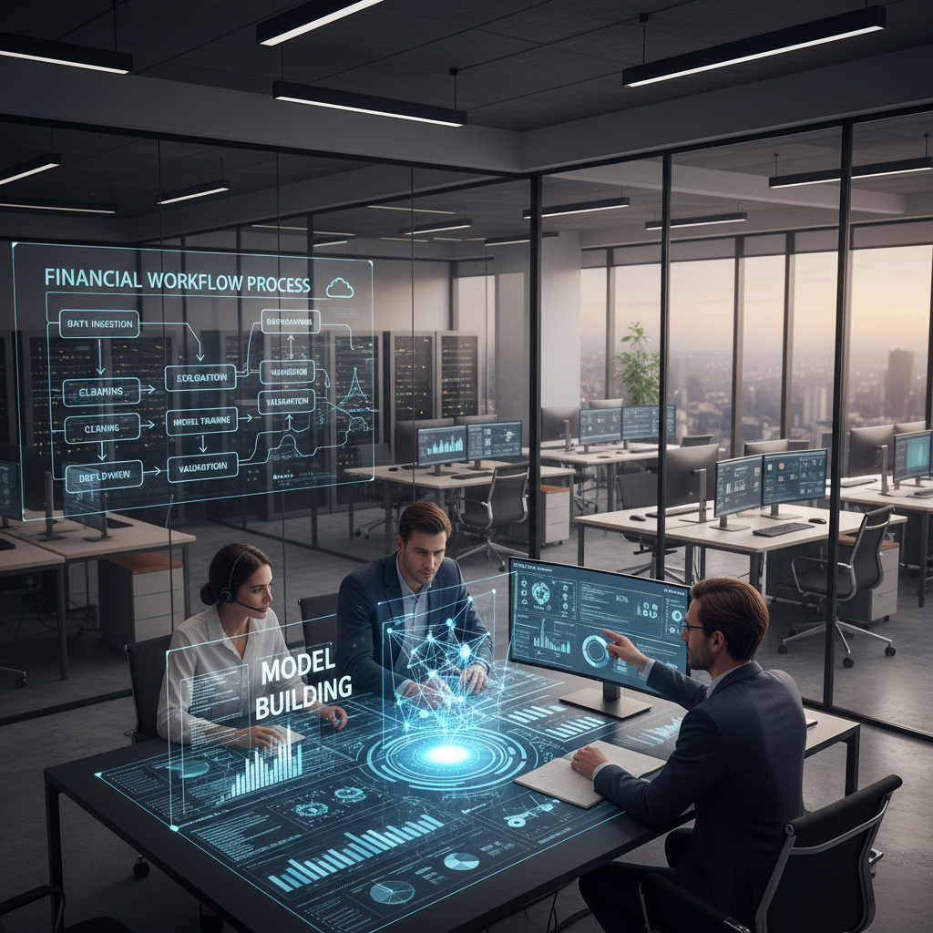 Financial workflow process showing data analysis and model building in a corporate environment