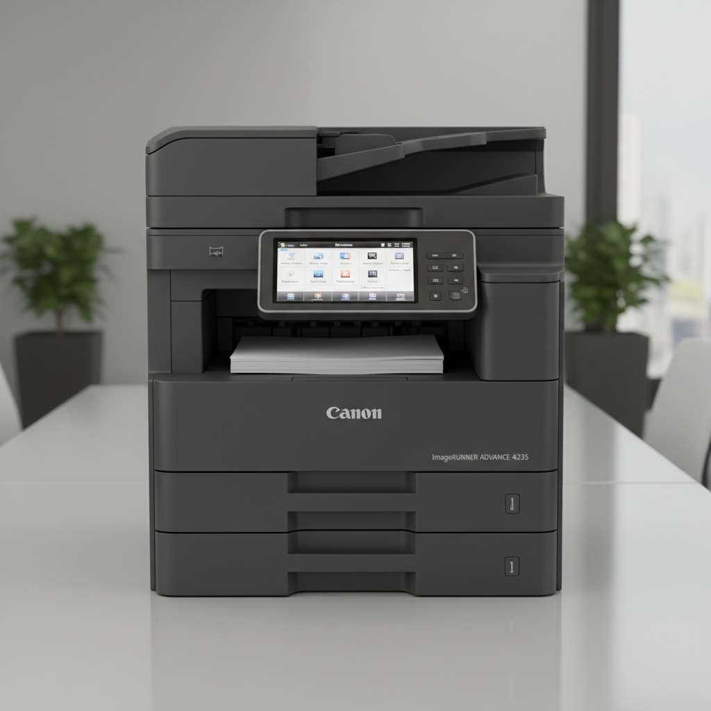 Canon printer in dark office setting, deep red-tinted shadows, professional dim lighting, dark wood desk surface