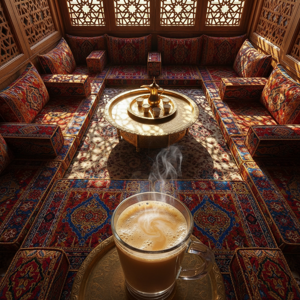 Overhead view of a fully dressed majlis room with cushions in U-shape, brass tray table, mashrabiya shadows, and a glass of karak chai in the foreground