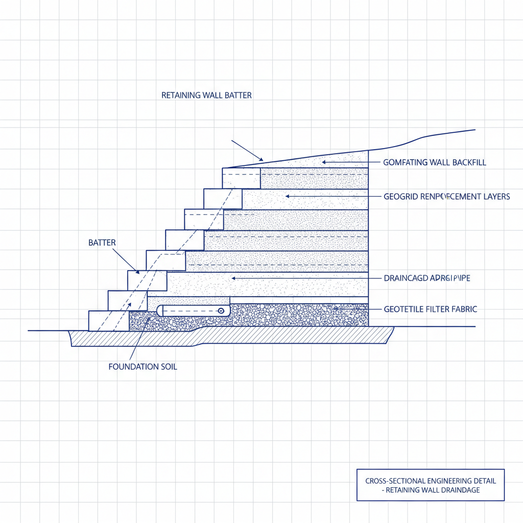 Cross-section engineering drawing showing retaining wall batter, geogrid layers, and drainage detail