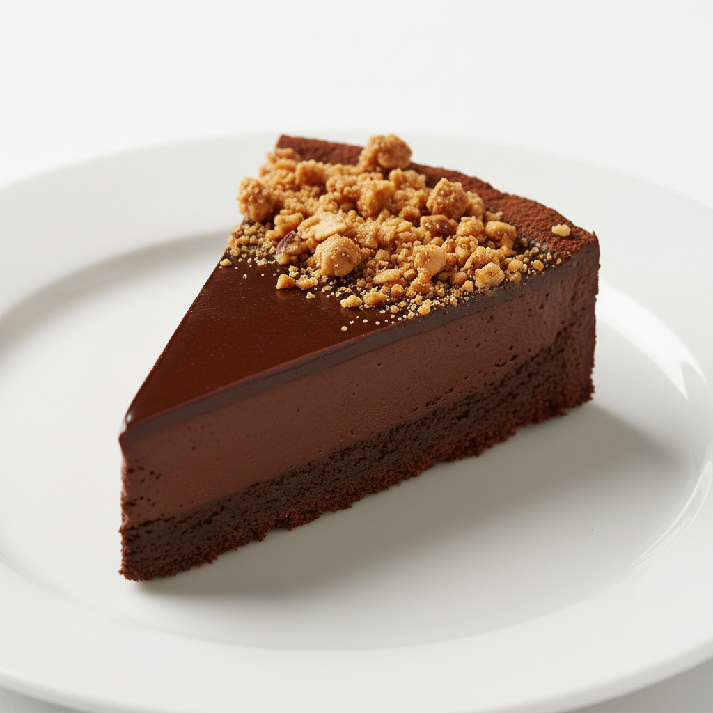 Cake slice showing hazelnut praline mousse and feuilletine crunch layers