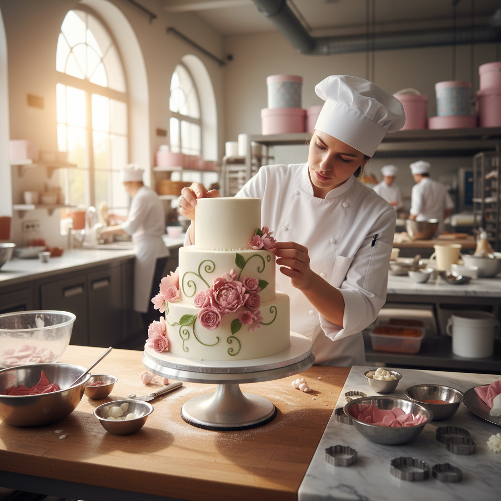 Male pastry chef carefully decorating a multi-tier wedding cake with intricate floral details