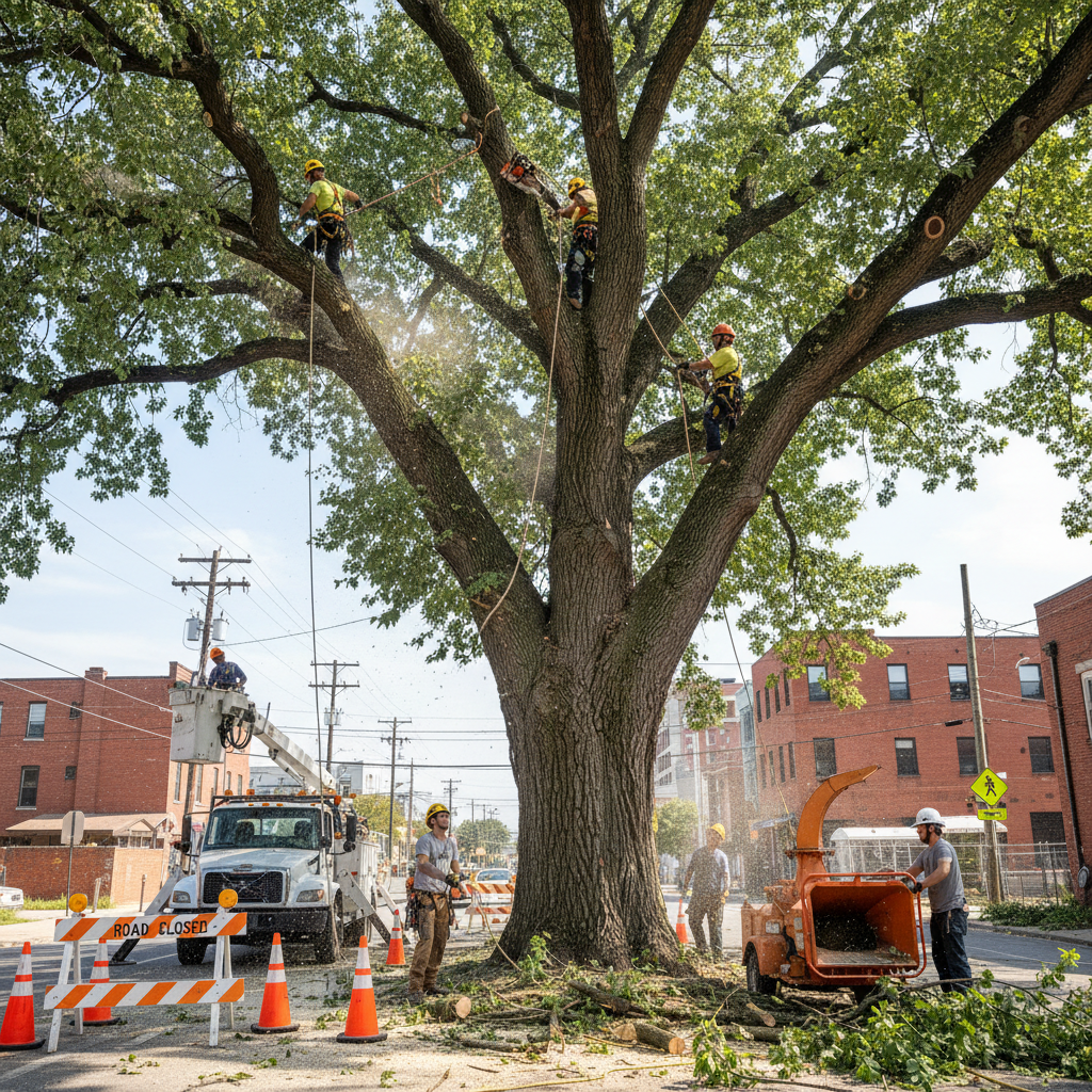 Tree removal crew working on a large elm near a Brooklyn brownstone with safety cones and street closure