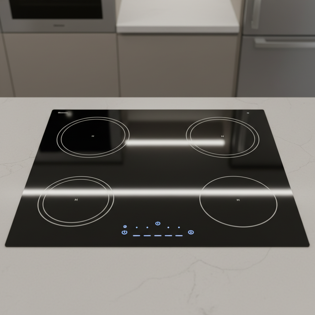 Sleek black induction cooktop, digital display, kitchen counter product shot
