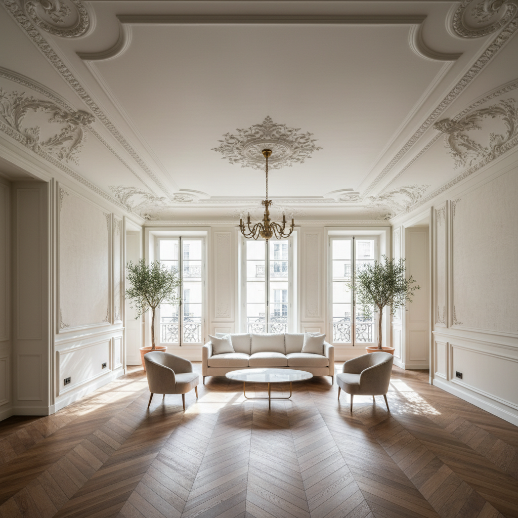 Classic Parisian apartment with ornate ceiling and herringbone floors