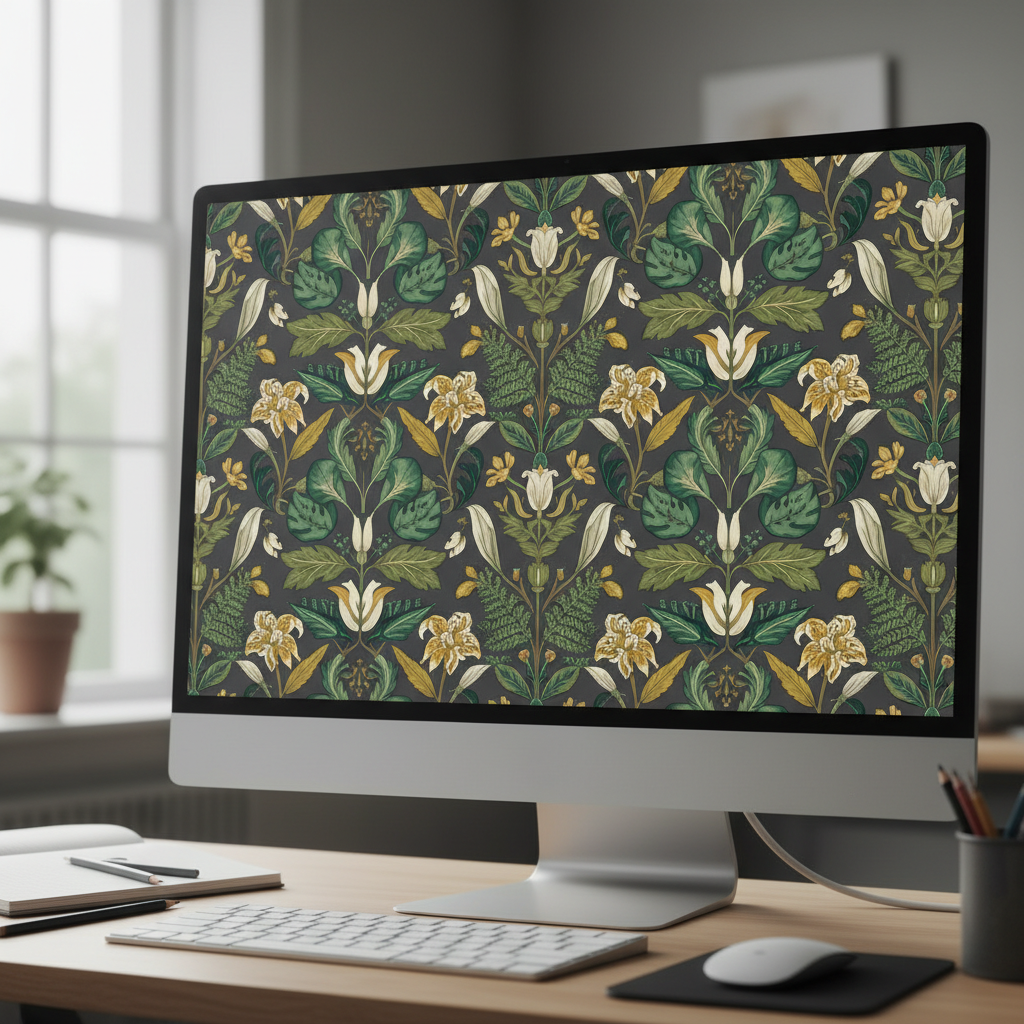 Digital repeat tile preview showing the botanical pattern seamlessly tiled across a screen