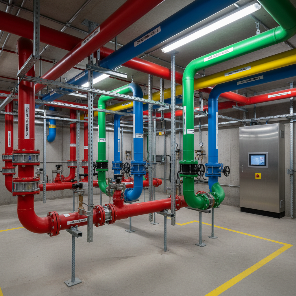 Fully commissioned mechanical room with color-coded insulated pipe mains, labeled valves, and plumb supports