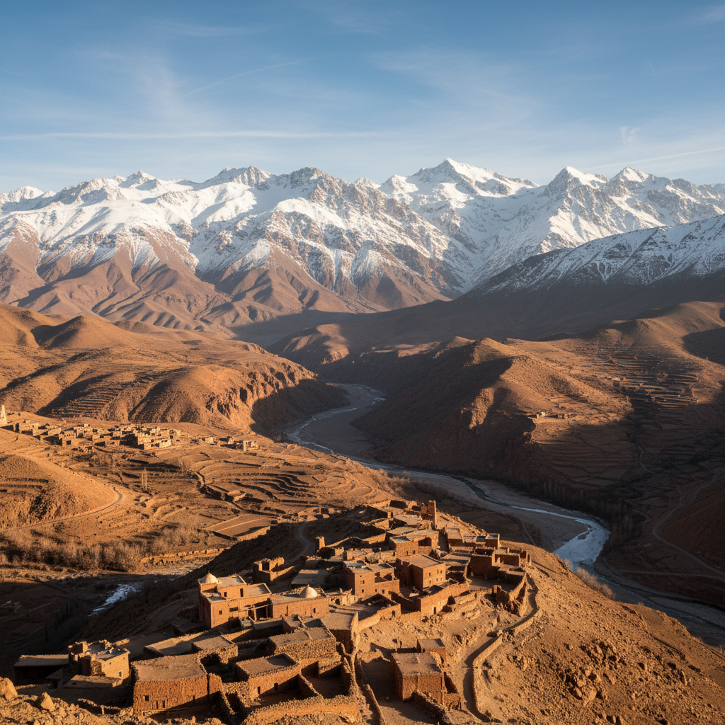 High Atlas Mountains with snow-capped peaks and traditional Berber villages in Morocco