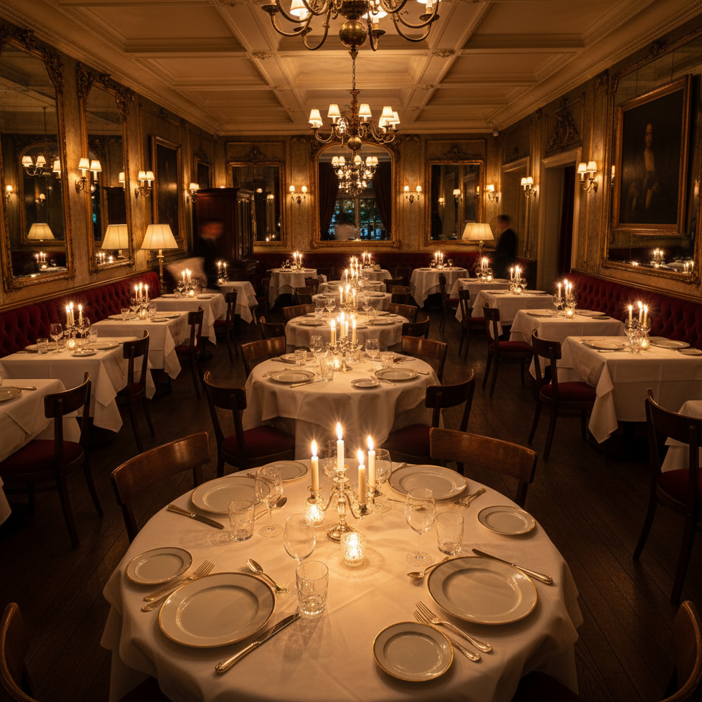 Elegant restaurant dining room with warm candlelight, white tablecloths, and sophisticated dark wood interior