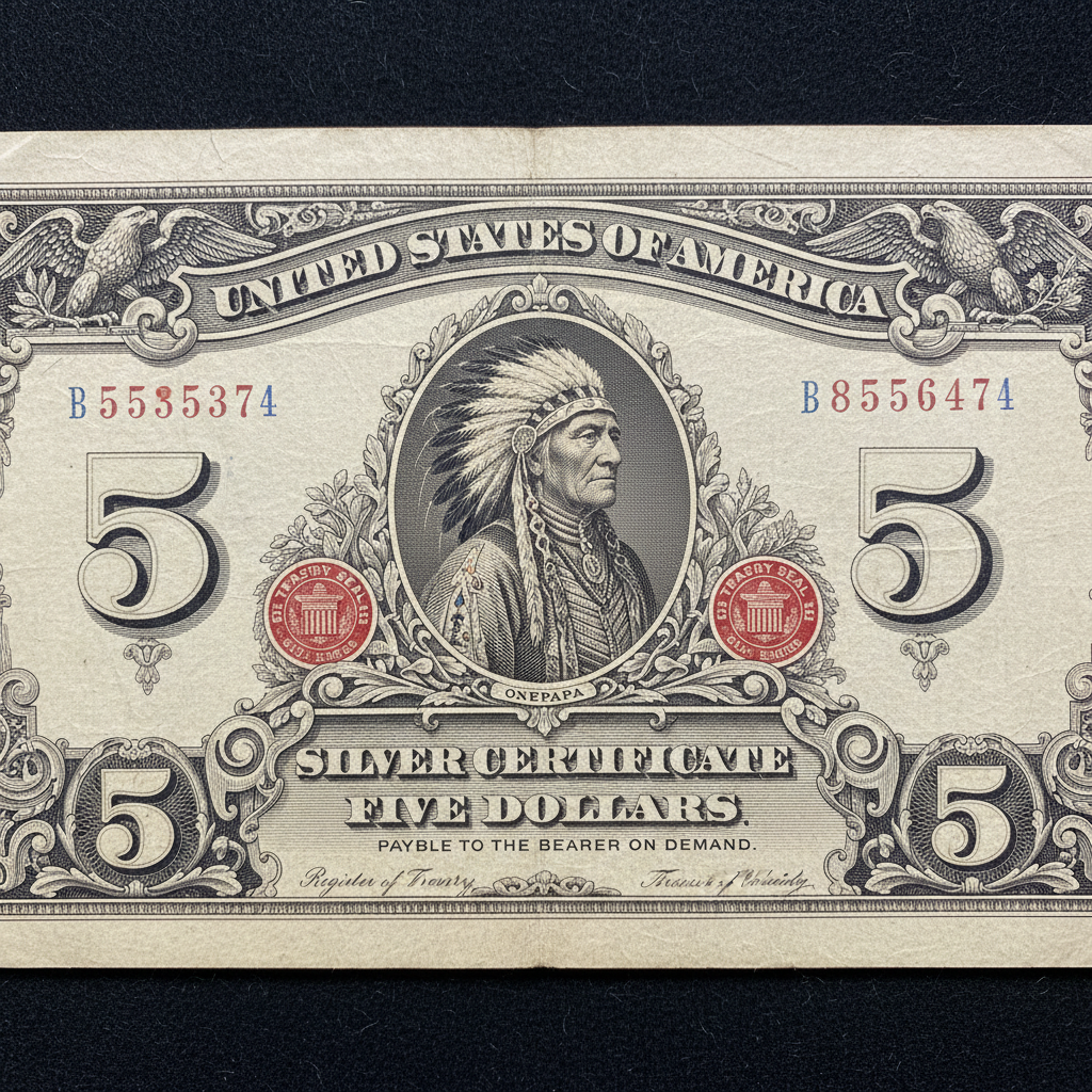 Historic 1899 five dollar silver certificate with Native American chief portrait engraving in excellent condition