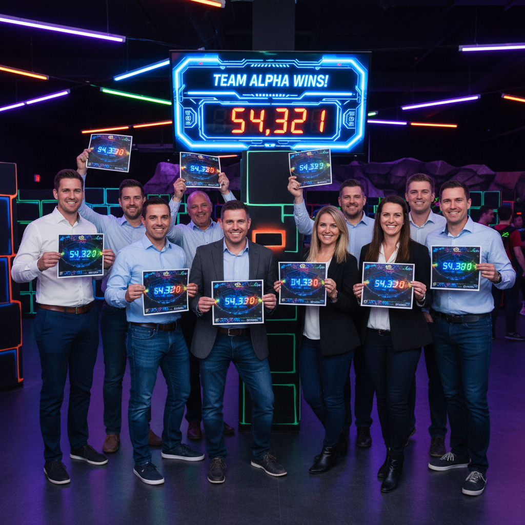 Corporate team posing with score printouts, smiling in front of laser tag scoreboard