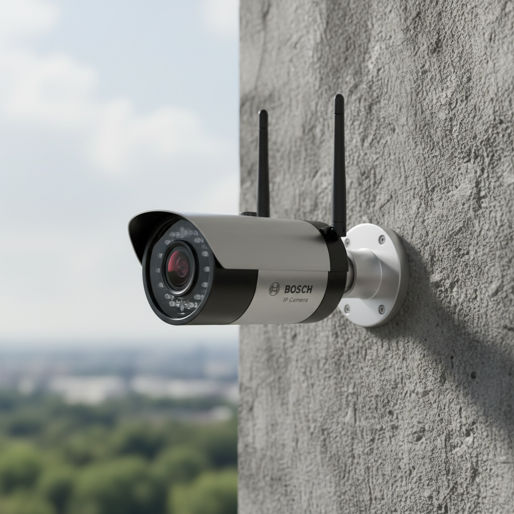 Outdoor security camera installation on gated community entrance gate in clear daylight