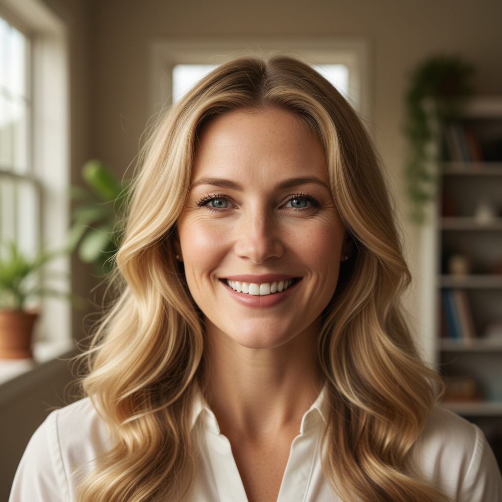 Professional headshot of luxury lifestyle blogger woman, bright airy portrait, clean background