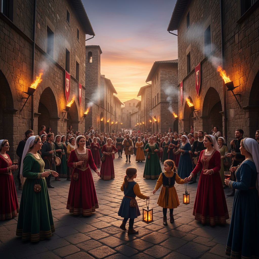 Centro storico medievale di Gubbio con torce accese al tramonto, portatori in costumi tradizionali umbri colorati tra vicoli in pietra