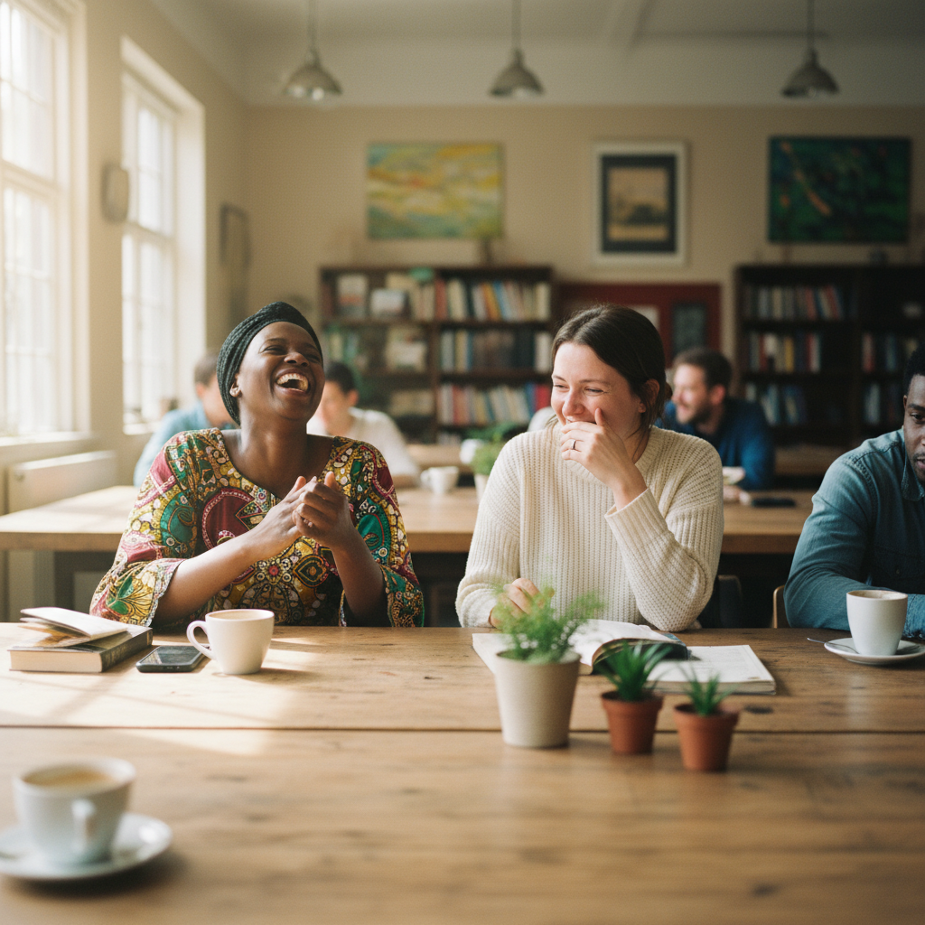 Two women laughing together over coffee at a café table