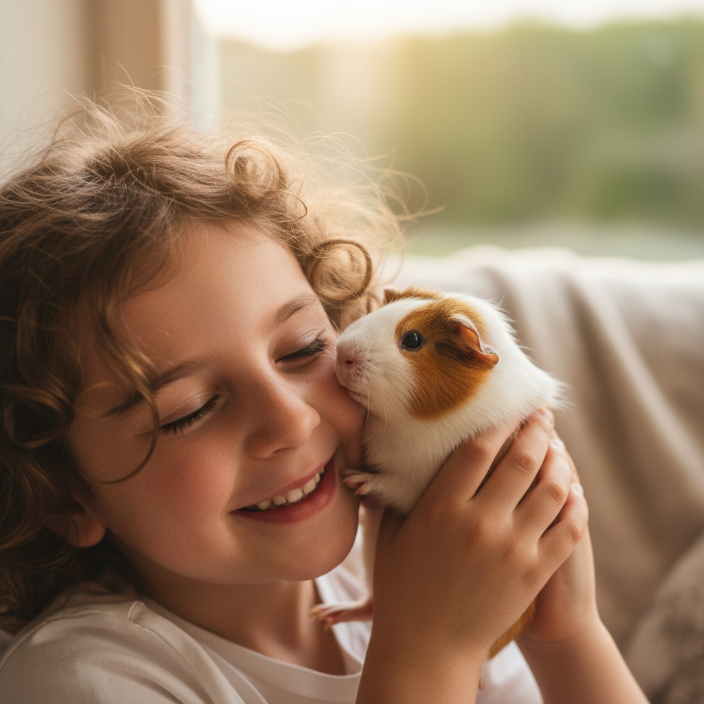 Child holding a tiny guinea pig up to their cheek, eyes closed, smiling
