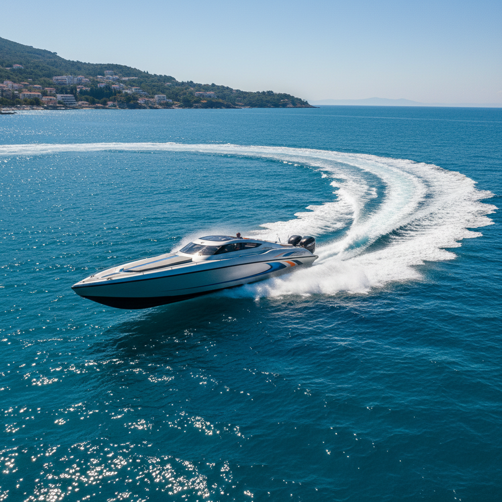 Fast speedboat racing across turquoise Ionian Sea waters near Saranda Albania