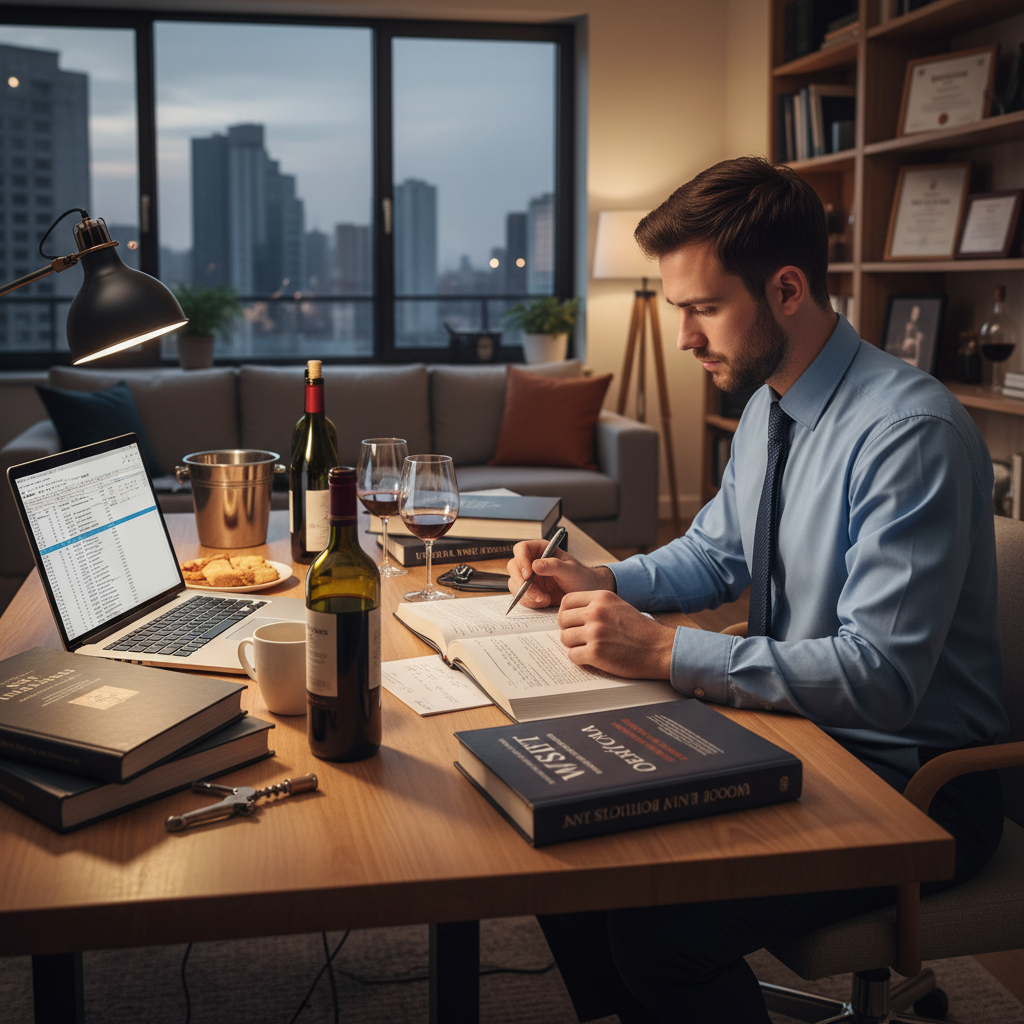 James Whitfield, finance analyst pursuing WSET Diploma after completing Level 3 at Terroir