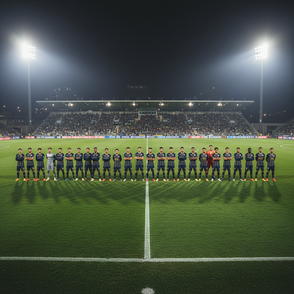 Full squad of soccer players in formation on a floodlit pitch at night, shadows long across the turf, chalk lines impossibly white