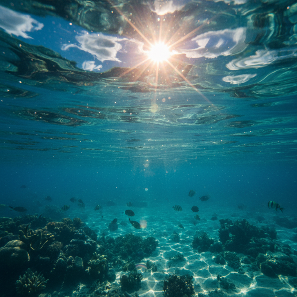 Underwater view of colorful coral reef with tropical fish swimming in clear water