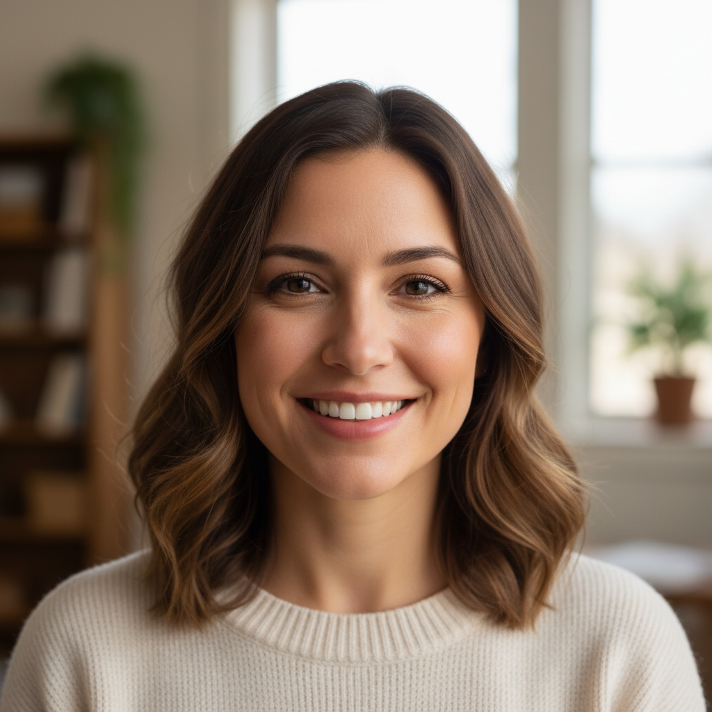 Woman with nurturing smile, family photo