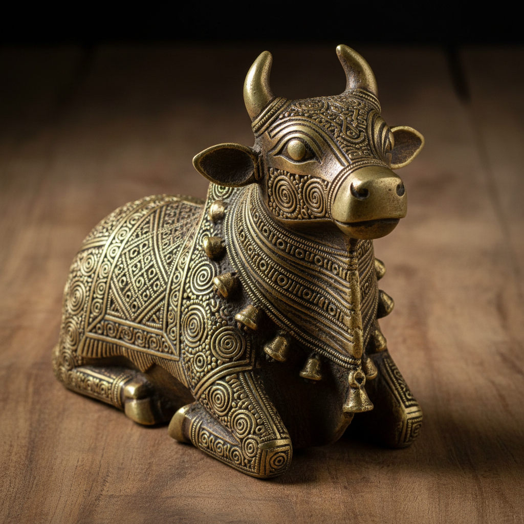Nandi Bull Figurine — Bell Metal artifact, warm studio lighting