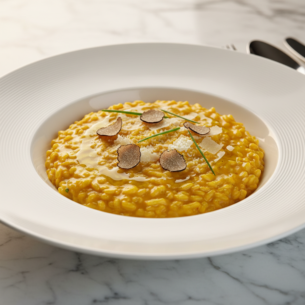 Creamy saffron risotto in a white bowl with parmesan and saffron threads garnish, dark moody background
