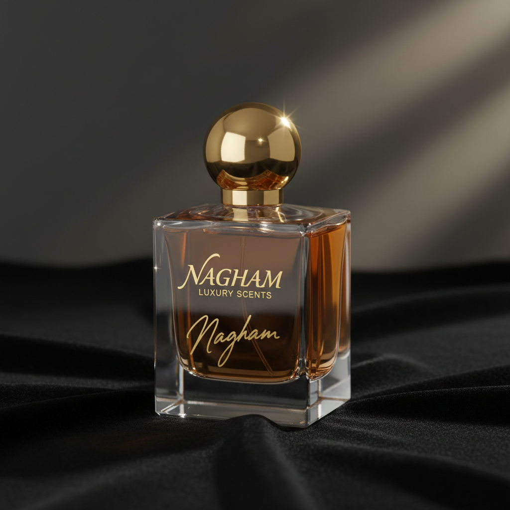 Ornate Arabic perfume bottle with golden cap on dark background, warm amber light, luxury photography