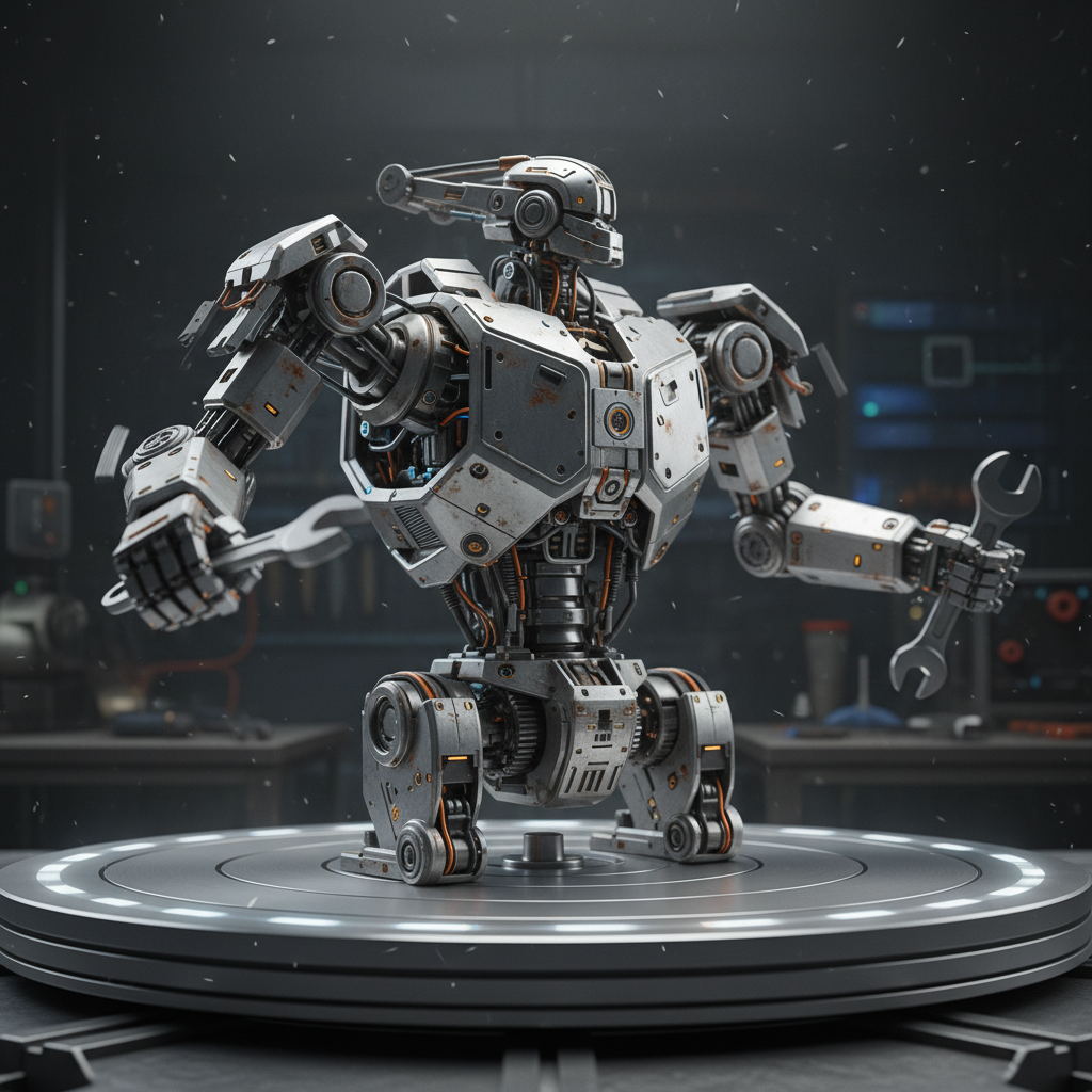 Turntable frame of mechanical robot frozen mid-rotation showing surface detail and panel lines