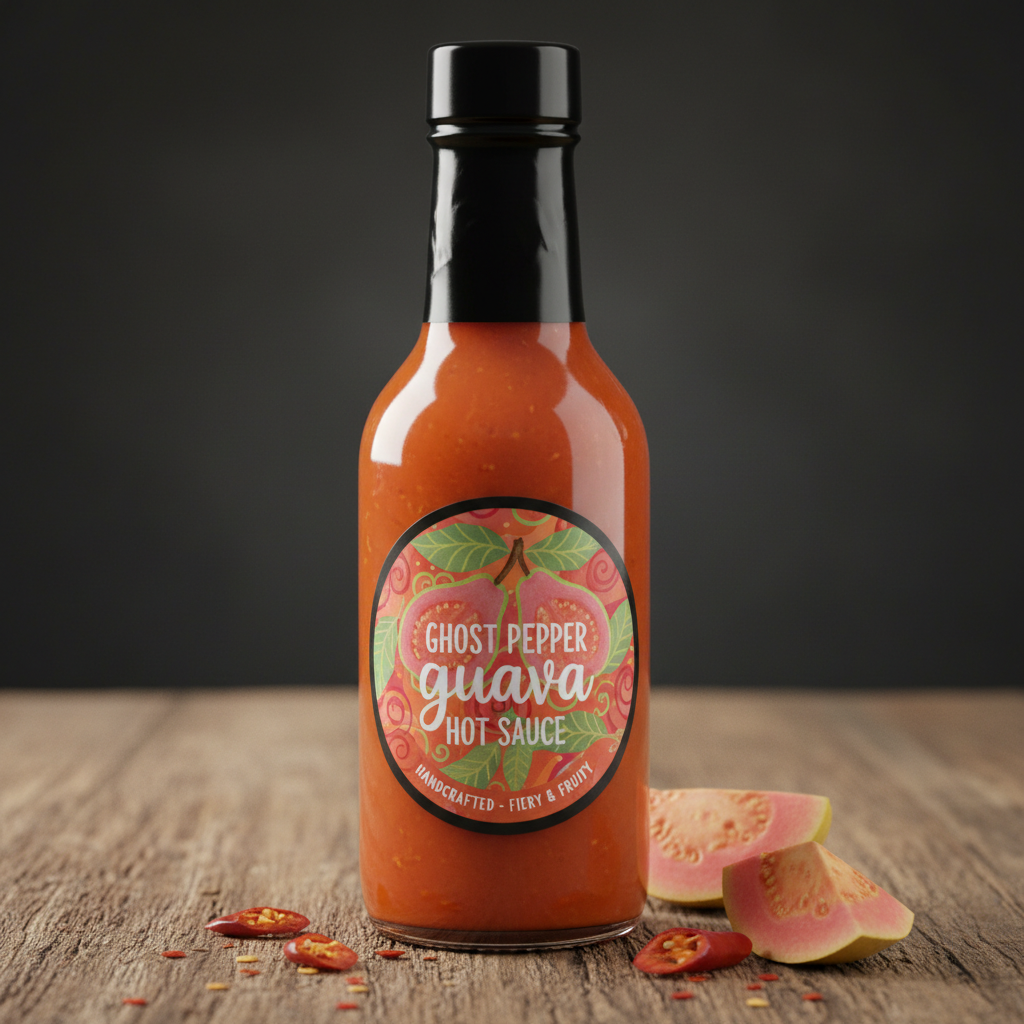 Orange-red ghost pepper hot sauce bottle with guava label art on wooden surface