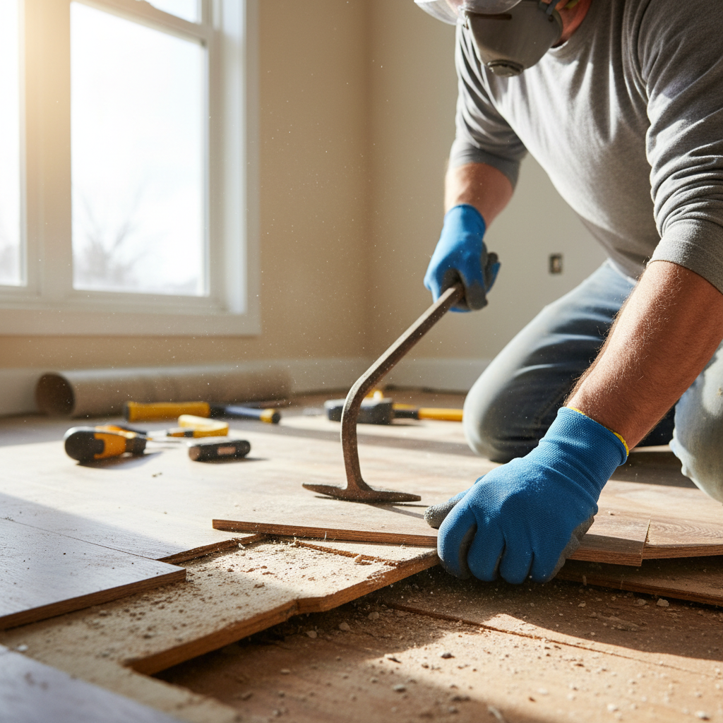 Renovation worker in gloves peeling back old laminate flooring