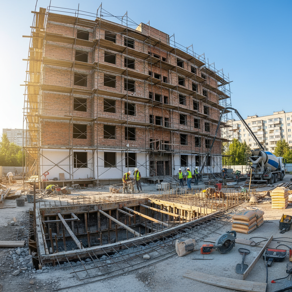 Well-lit residential construction site with framed walls, workers coordinating, and blue sky background on a productive workday