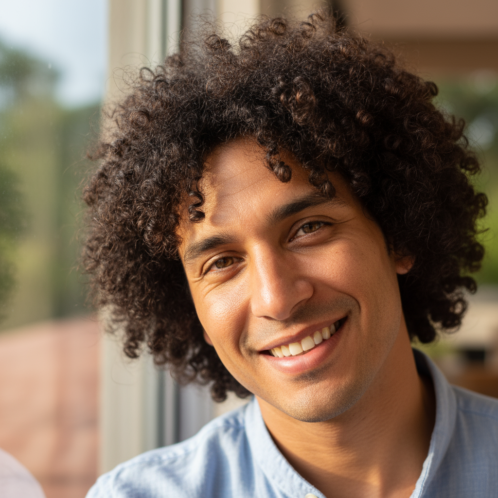 Thiago Alves, man with curly hair in a casual setting, warm expression