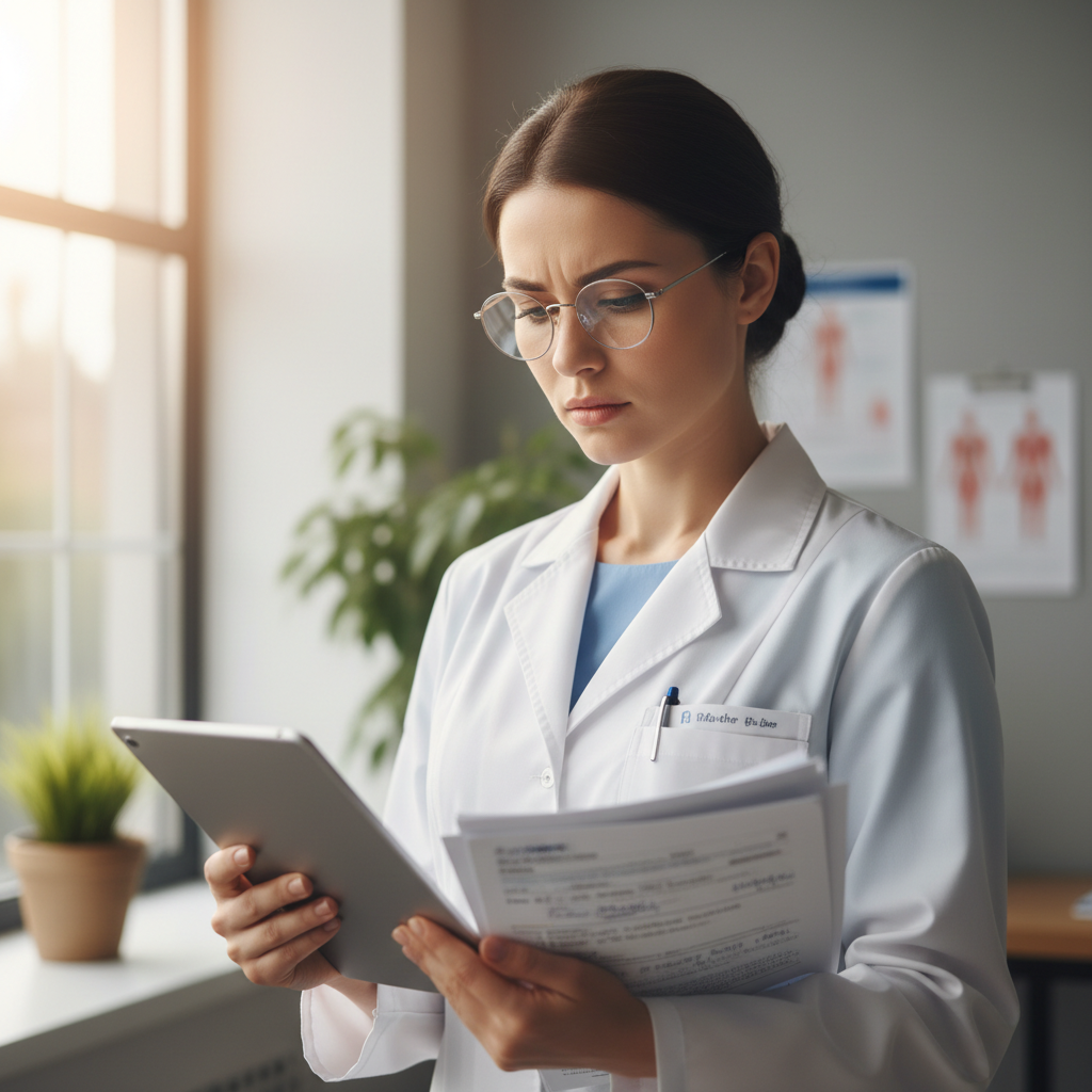 Doctor in white coat reviewing patient notes with calm, focused expression