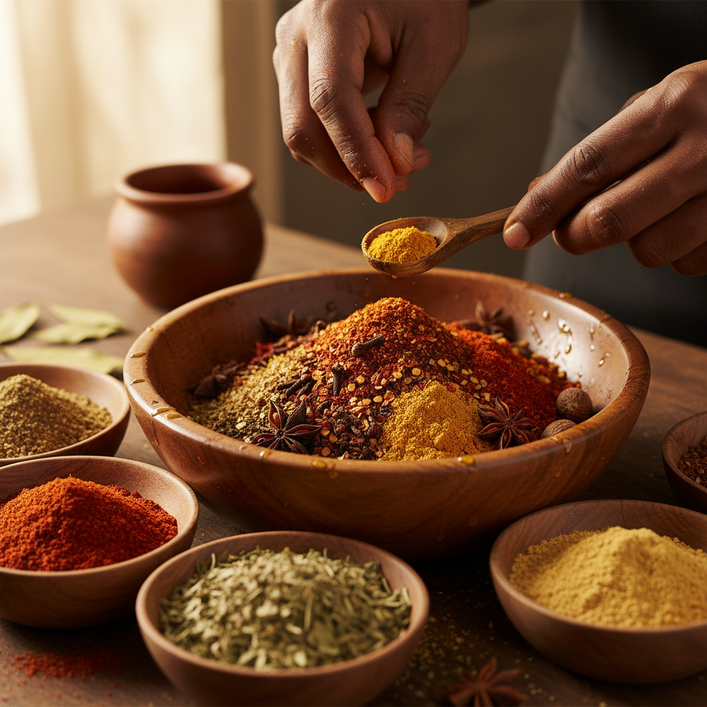 Colorful array of traditional Himalayan spices in wooden bowls on rustic table