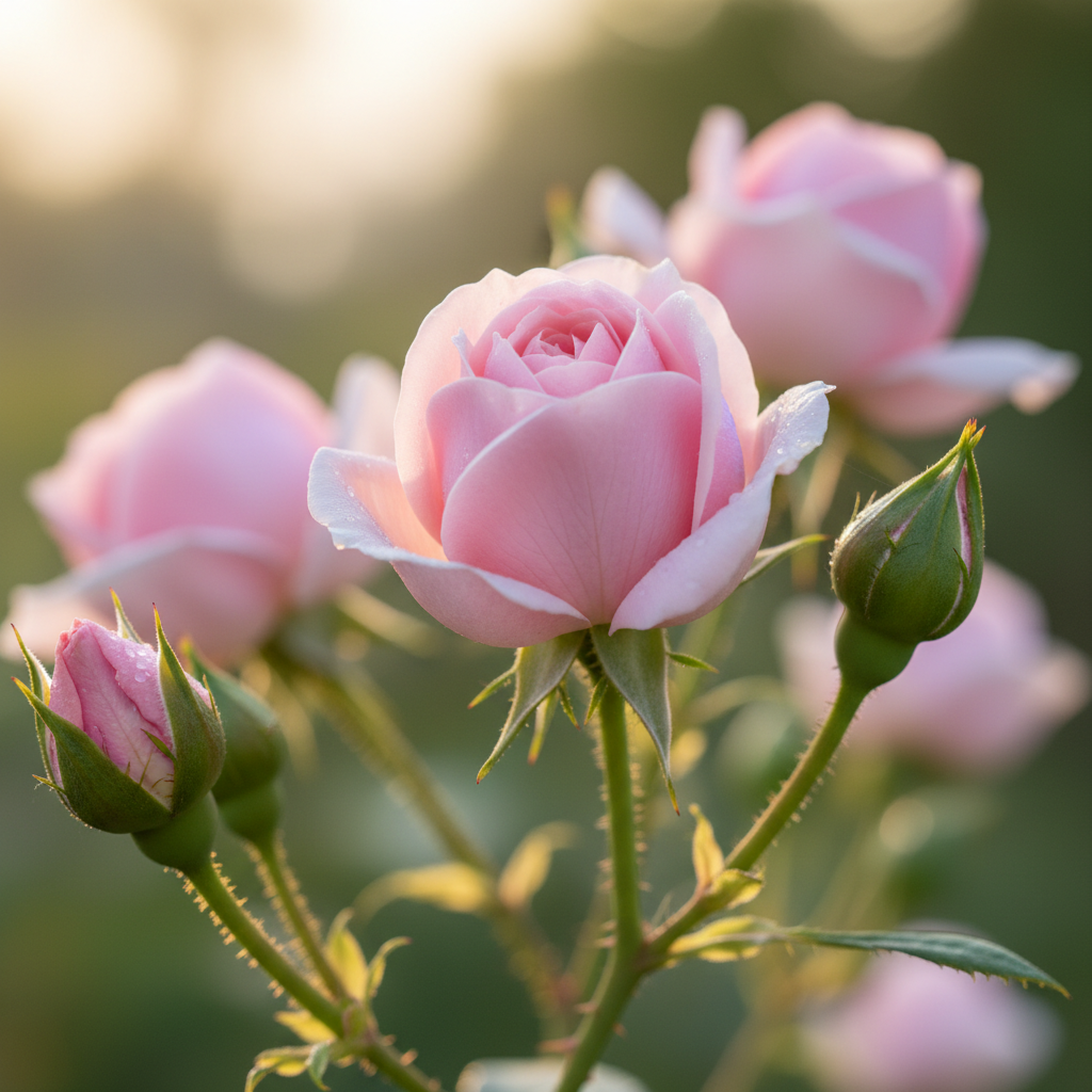 Fresh pink rose buds unfurling on thorny canes in spring morning light