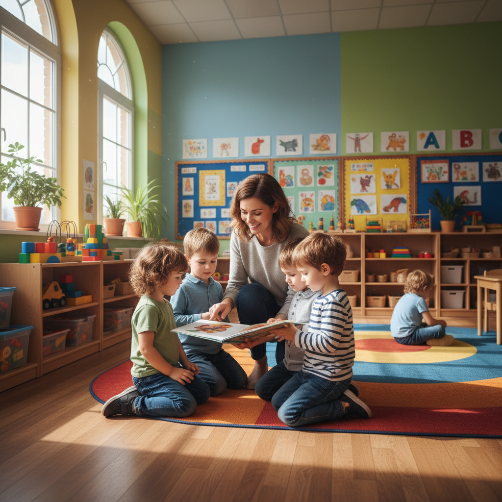 Teacher caring for children in a bright, safe classroom environment
