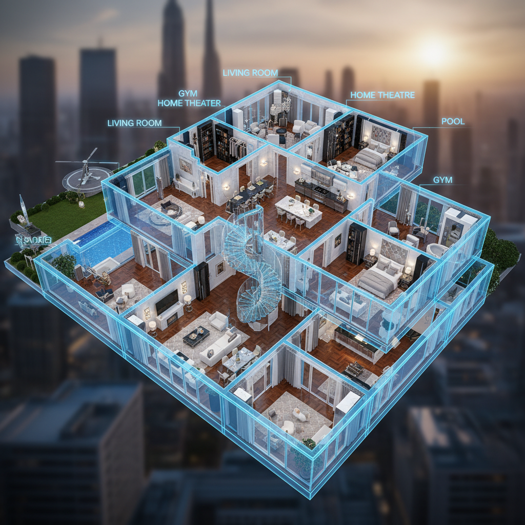 Interactive 3D dollhouse view of a luxury home showing all rooms from above