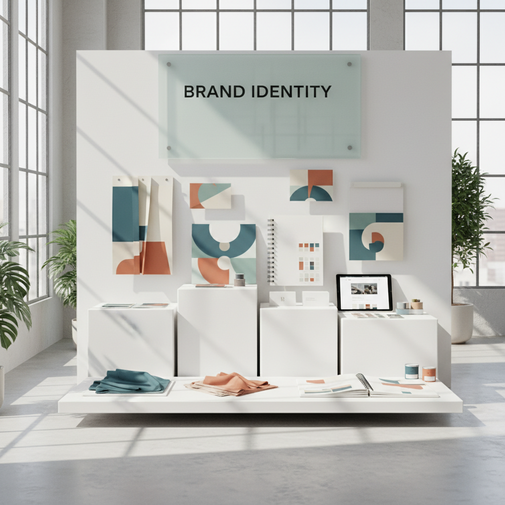 Bright modern interior design studio with white walls and natural light showcasing tile samples and design materials